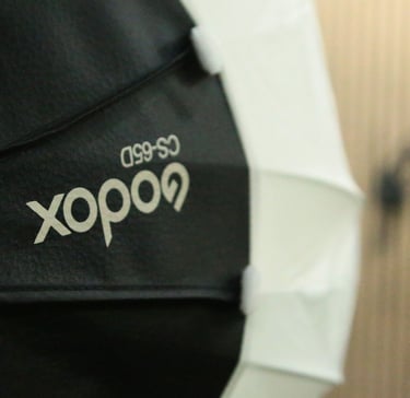 a person holding a black and white umbrella