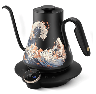 Black matte electric gooseneck kettle with Great Wave art and digital temperature control base.