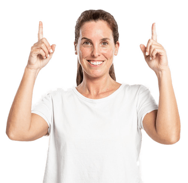 a woman with a white shirt pointing up.