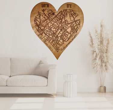 a heart shaped wooden heart shaped map of a city