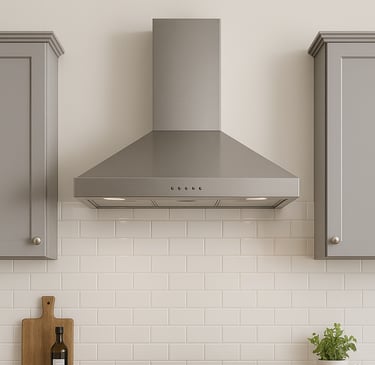 Blomberg range hood installed above a gas stove in a modern kitchen with gray cabinets and white sub