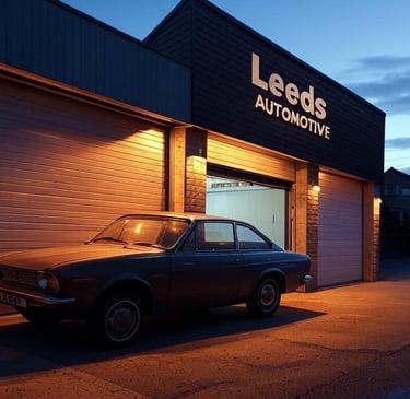 Leeds garage at dusk, ready for SEO success with local consultant.