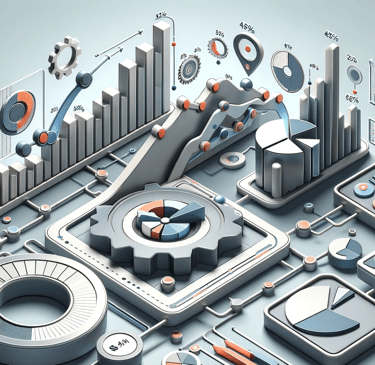 Detailed 3D analytics and graphs illustration with cog and chart elements in cool tones.