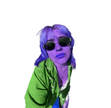 a woman with blue hair and sunglasses on a black background