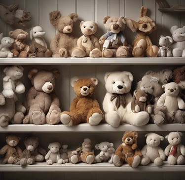 étagère rempli d'ours et d'animaux en peluches doudous