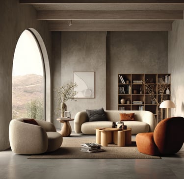 a living room with a couch, a library and a chair