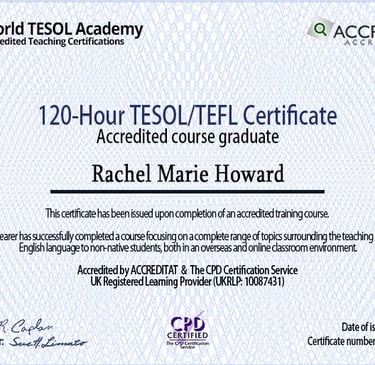 An accredited certificate for the TEFL course.