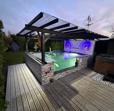 block koi pond all out Burton drum filter & bio chamber 2x big windows with pergola garden ponds