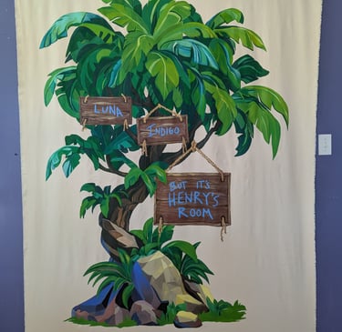 6-foot by 5-foot linen canvas tapestry mural of a lush jungle tree in greens and blues,, with signs and painted names.