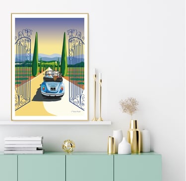 Affiche dans un cadre représentant une coccinelles vintage roulant dans une allée de cyprès. Esprit de Provence.