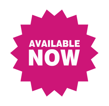 An eighteen point deep pink star with white text that says Available Now