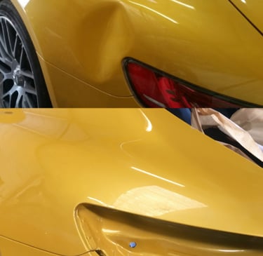 Image d'une voiture avec une bosse et après un passage chez eleganza auto elle est comme neuve