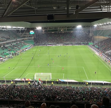 a soccer field with a soccer field and a crowd of people watching a game