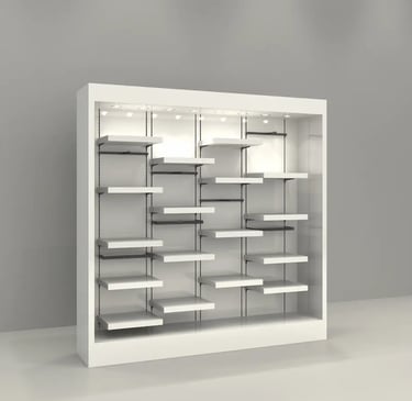 Modern white retail display shelving unit with integrated LED lighting for showroom products.