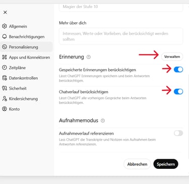 Screenshot der ChatGPT-Personalisierung: Rote Pfeile zeigen auf die Speicher- und Verwalten-Optionen