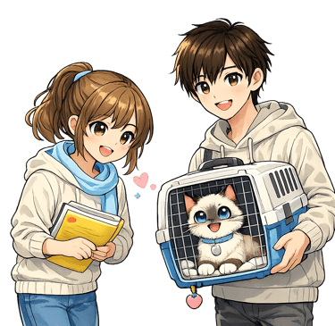 Une dame et un monsieur adopte un chat de race sacré de birmanie seal point dans sa caisse