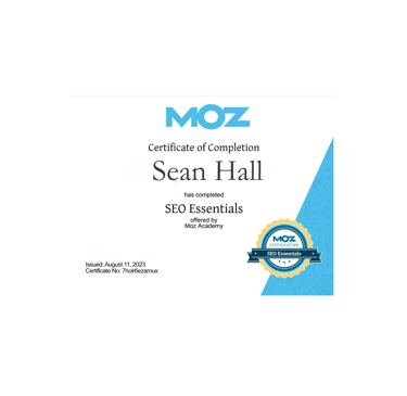 Certificate of completion for MOZ's SEO Essentials
