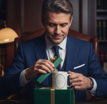 homme recevant un mug personnalisé avec portrait bébé