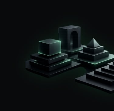 Dark 3D geometric shapes with green neon glowing edges on a black background.