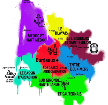 Carte de livraison bennes Bordeaux Gironde, territoires style graffiti coloré.