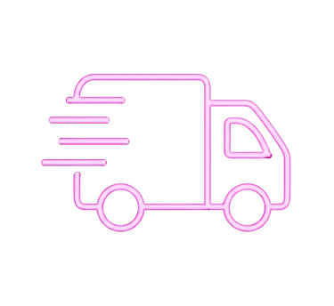 Icône néon rose fluo d'un camion en mouvement symbolisant la livraison rapide de bennes de chantier 