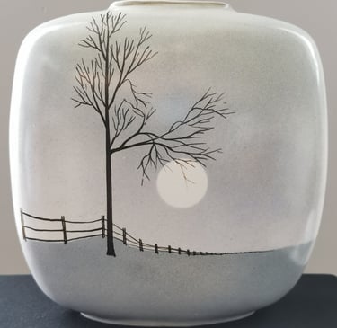 raymond phaneuf blue grey with tree and sun or moon pottery vase québec canada