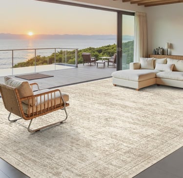 Modern luxury living room featuring a cream distressed area rug and ocean view at sunset.