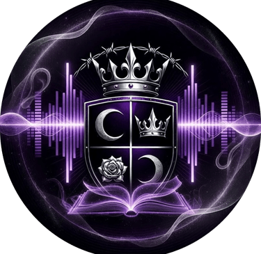 Vaeloria's crest of 2 moons, a crown and rose set in a shield with wings. a crown under barbed wire sit at the top
