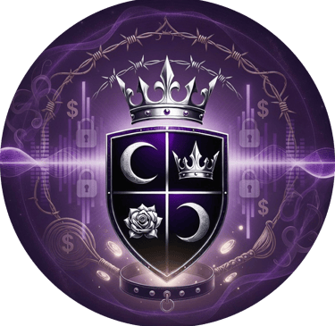 Vaeloria's crest of 2 moons, a crown and rose set in a shield with wings. a crown under barbed wire sit at the top