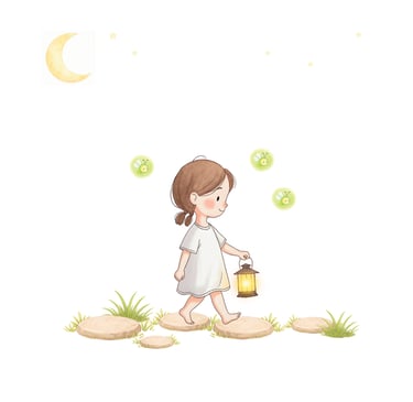 A little girl holds a lantern while walking across smooth stones with fireflies glowing around her u