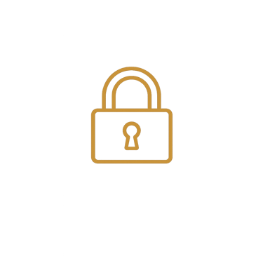 Gold line art icon of a locked padlock representing data security and privacy on a black background.