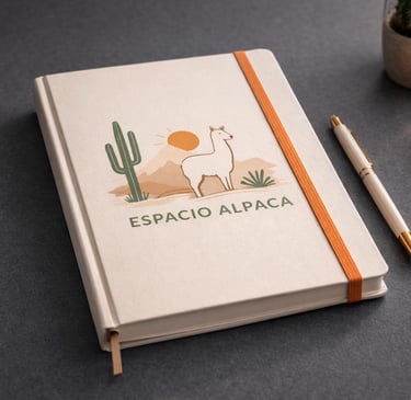 Minimalist Espacio Alpaca journal with cactus illustration, white pen, and lit candle on a dark desk.