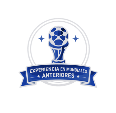 Blue and white soccer trophy emblem with Spanish text Experiencia en Mundiales Anteriores.