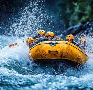 White-water rafting adventure in Jarabacoa, Dominican Republic, with group paddling through rapids in a yellow raft