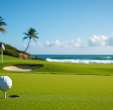 Luxury golf course in the Dominican Republic with ocean views, palm trees, and a sunny blue sky