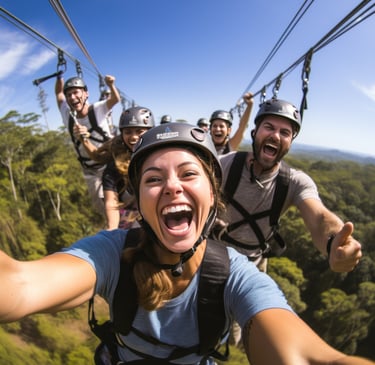 Group ziplining fun over lush forest in the Dominican Republic