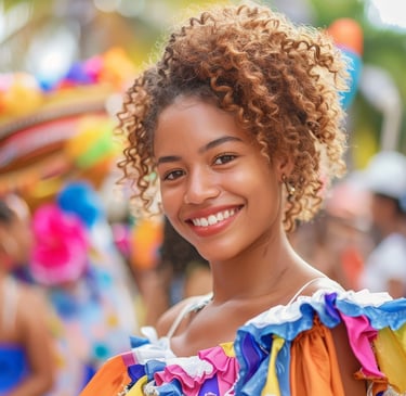 Smiling woman in colorful dress during carnival in the Dominican Republic