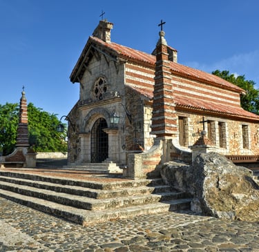 Altos de Chavón in La Romana with St. Stanislaus Church, historic stone chapel in Dominican Republic