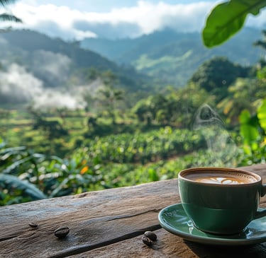 Freshly brewed coffee in Jarabacoa, Dominican Republic, with lush green mountains and coffee plantations in the background