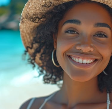 Smiling woman enjoying a sunny beach day in the Dominican Republic with turquoise water
