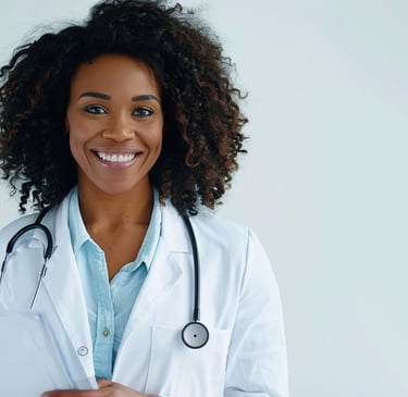 Smiling female doctor with stethoscope and clipboard in clinic