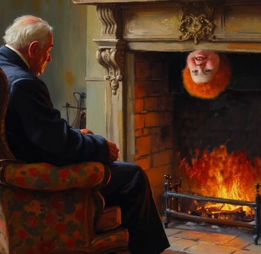 Oil painting of an elderly man in an armchair looking at a surreal upside-down head in a burning fireplace.