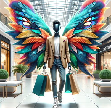 men with shopping with wings as fairy