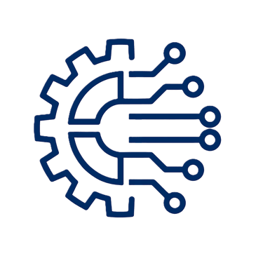 Blue digital gear icon representing technology, automation, and industrial solutions.