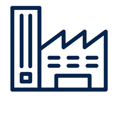 Dark blue outline icon of an industrial factory building with a chimney.