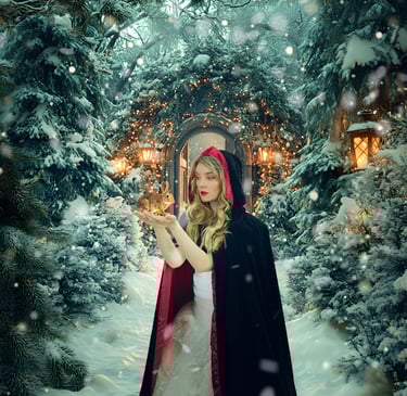 A blonde woman in a hooded velvet cloak holding a rabbit in a snowy, magical winter forest.