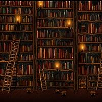 Very tall old wooden bookshelves filled to capacity with books that are illuminated by candlelight 