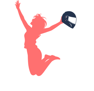 Frau-freudig-springend-mit-Motorradhelm-stilisiert-dirtblue-coral