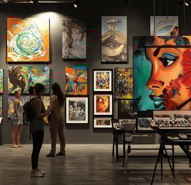 a sugar mommy standing in front of a wall of art