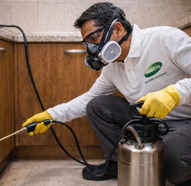 aplicación profesional de fumigación en cocina
